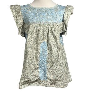 Mi Golondrina Soledad Blouse XS Blue Floral Hand Embroidered Ruffle Boho Peasant